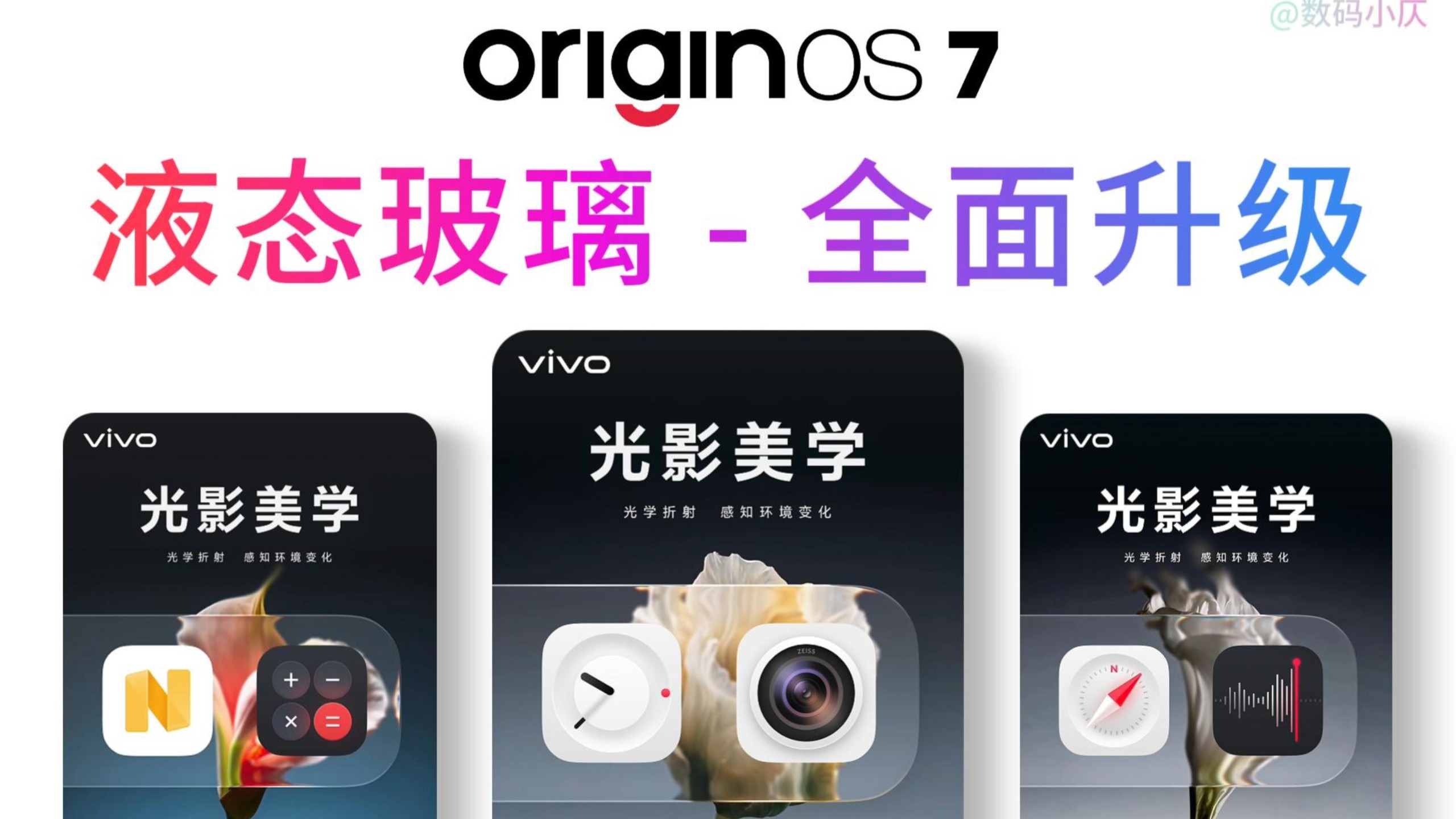 重大改动！OriginOS7全面升级液态玻璃材质，对比OriginOS6升级亮点:1.材质显示更通透，2.加入折射效果，3.支持三个模式手动调节液态玻璃透明度