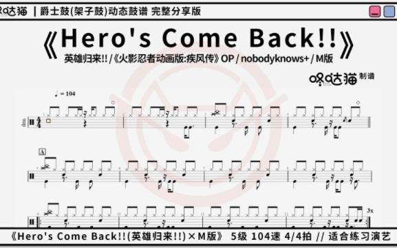 [图]《Hero's Come Back!!(英雄归来!!)[M版]》 火影忍者疾风传OP 咚哒猫 架子鼓动态鼓谱