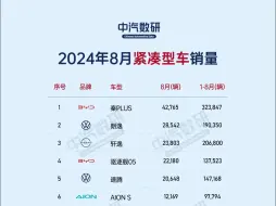 Video herunterladen: 2024年8月小型、中型、大型轿车、SUV销量排行