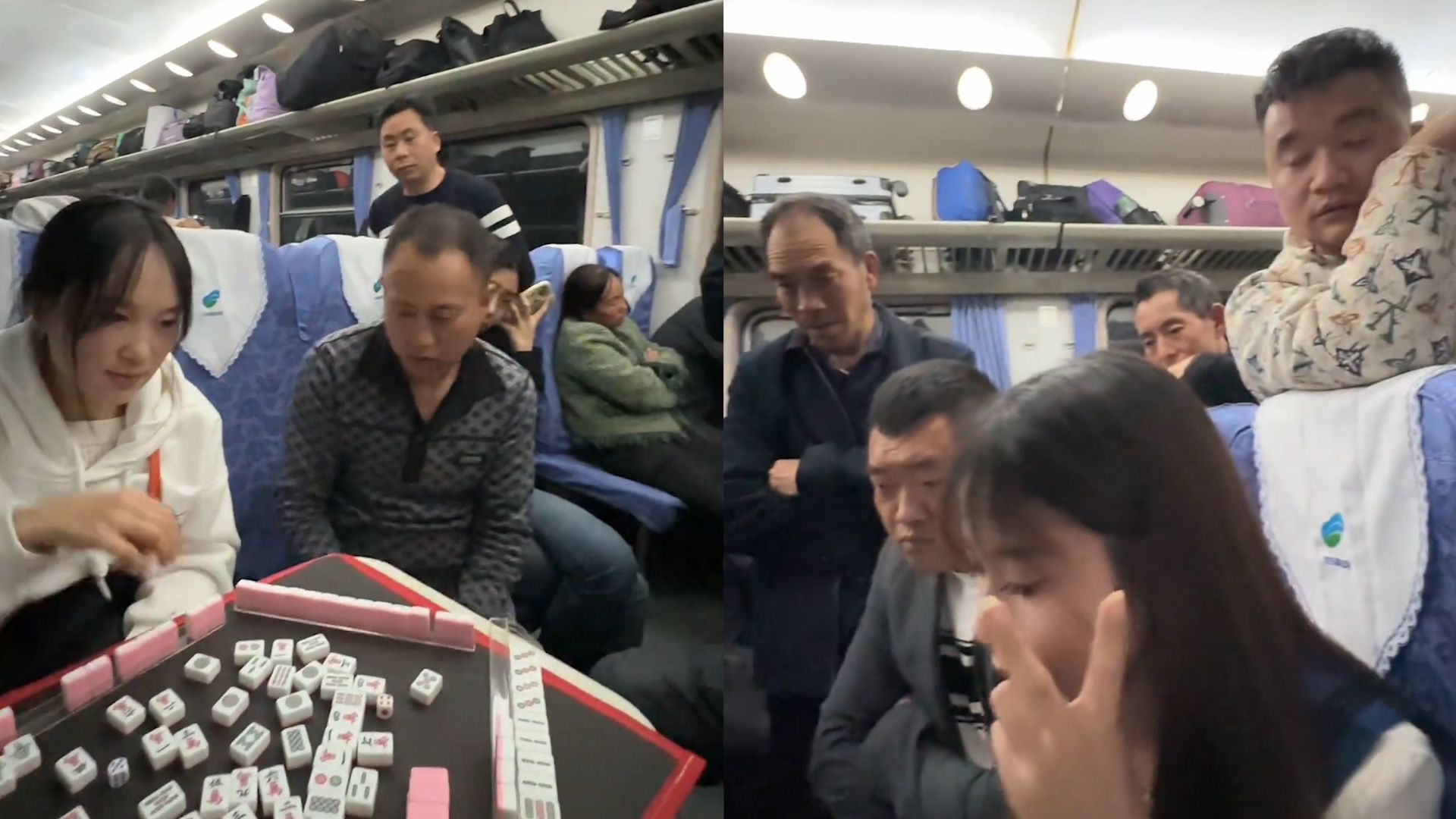 女生火车上打麻将引人围观,卧铺大哥觉也不睡就开战:全成站票了