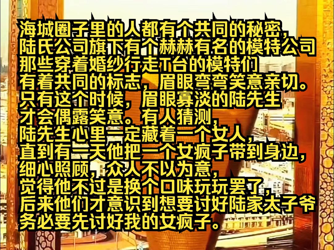 海城圈子里的人都有个共同的秘密, 陆氏公司旗下有个赫赫有名的模特公司 那些穿着婚纱行走T台的模特们 有着共同的标志,眉眼弯弯笑意亲切. 只有这...