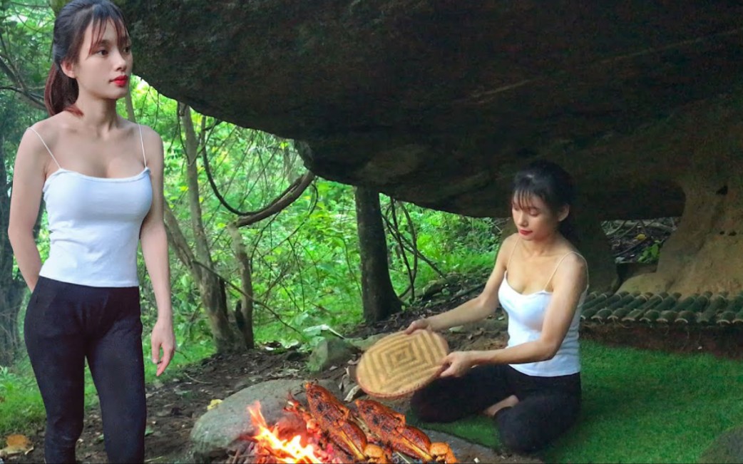 [图]荒野求生：美女在岩洞下面露营，生火烤肉，洞穴了居然有蝎子