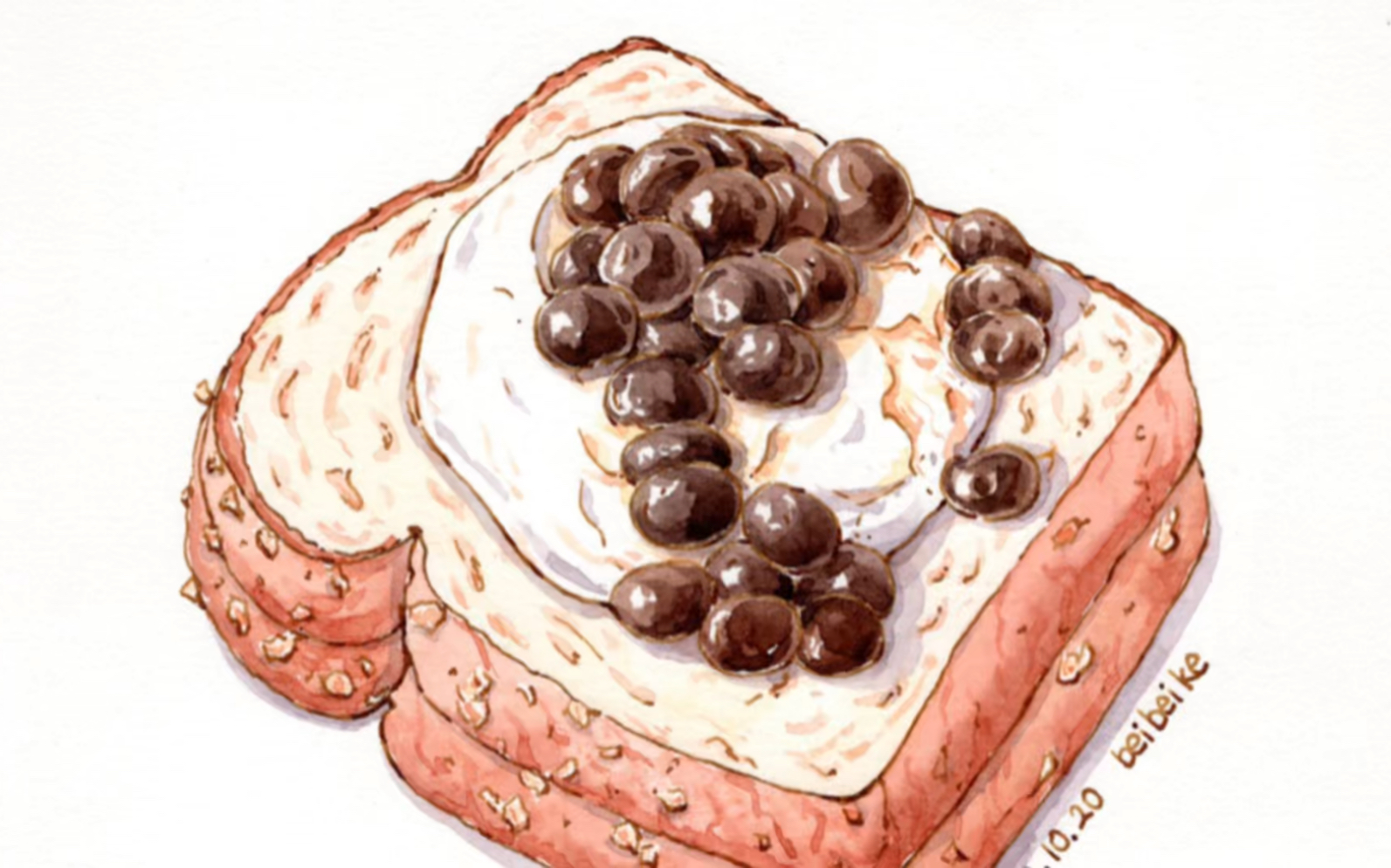 钢笔淡彩 | 手绘黑糖珍珠酸奶吐司