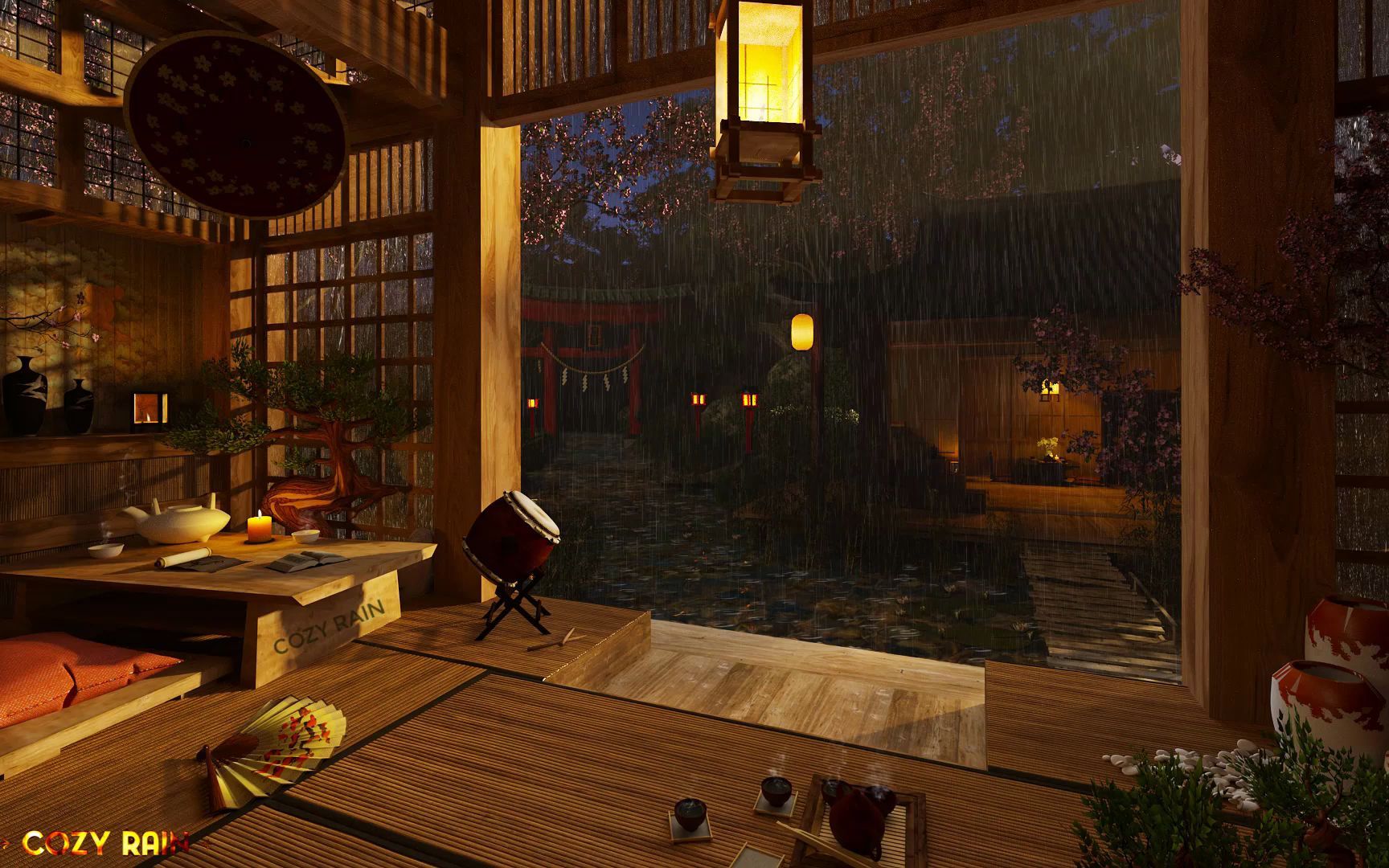 [图]Rainy Night in Japanese Tea House Rain Sounds on Courtyard