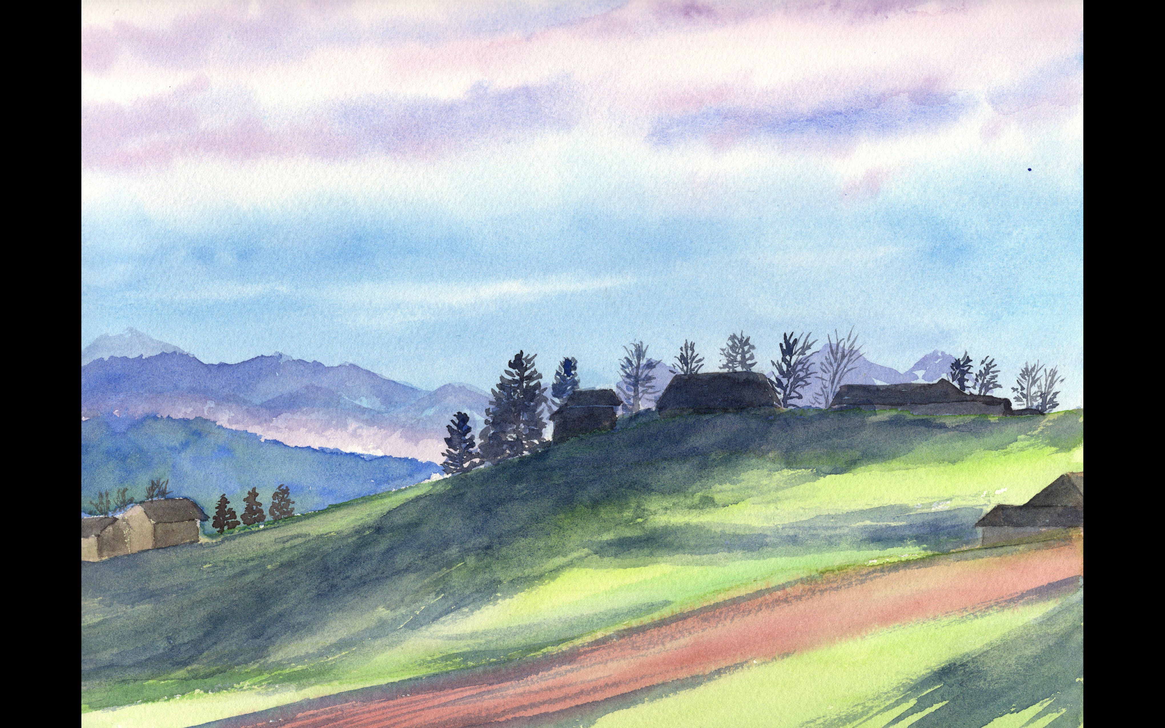 【水彩教程慢速版】 山坡上的小村庄 简单水彩画新手教程_哔哩哔哩