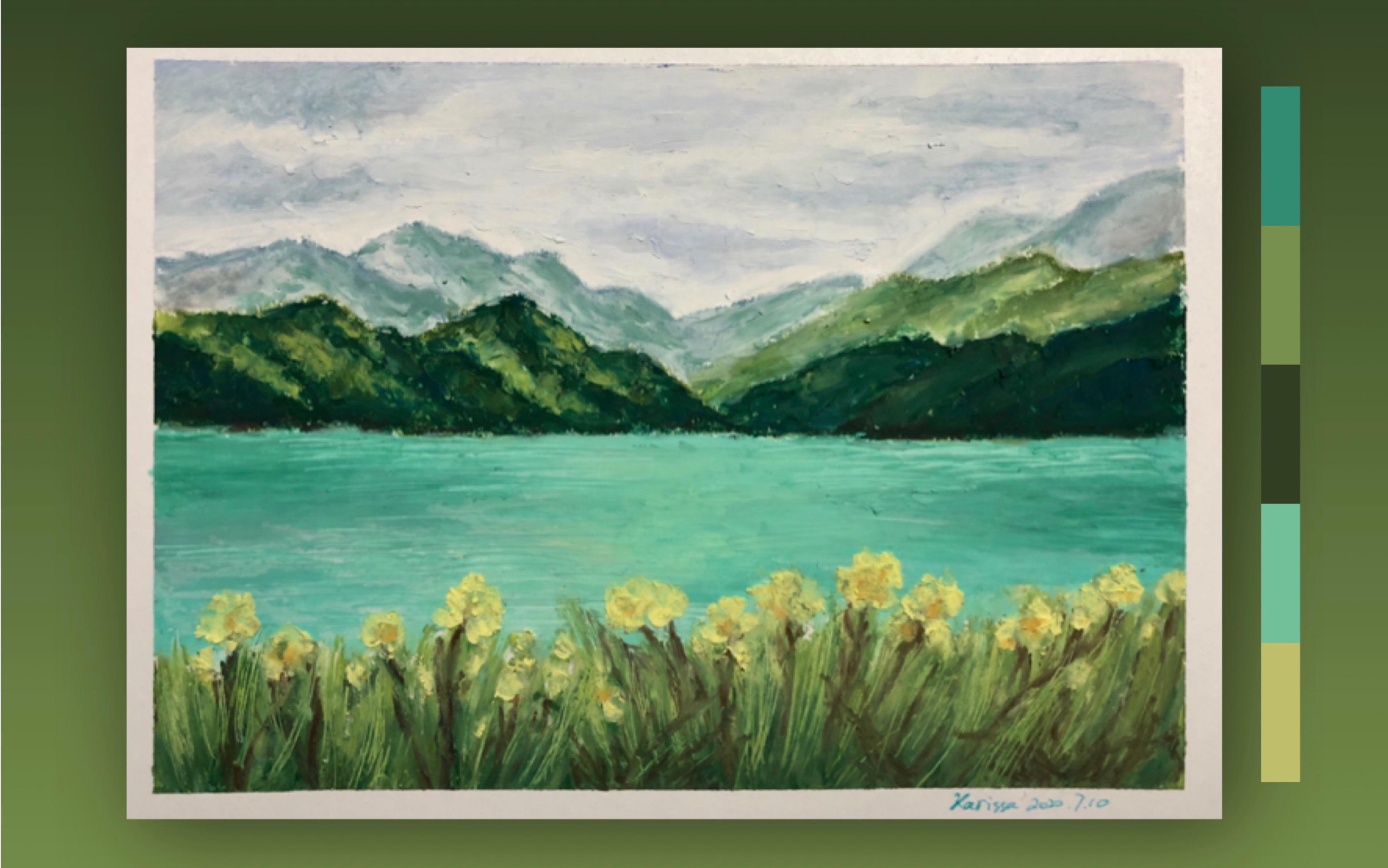 油画棒湖畔小黄花