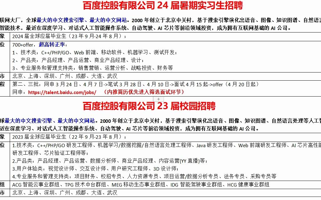 百度2024届暑期实习生招聘,700+offer,超高转正率哔哩哔哩bilibili