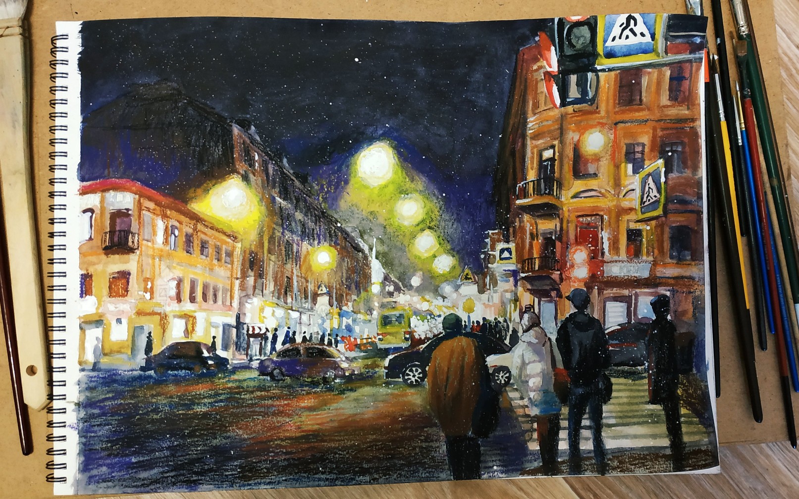 水彩 油画棒 圣彼得堡 瓦西里地铁站夜景