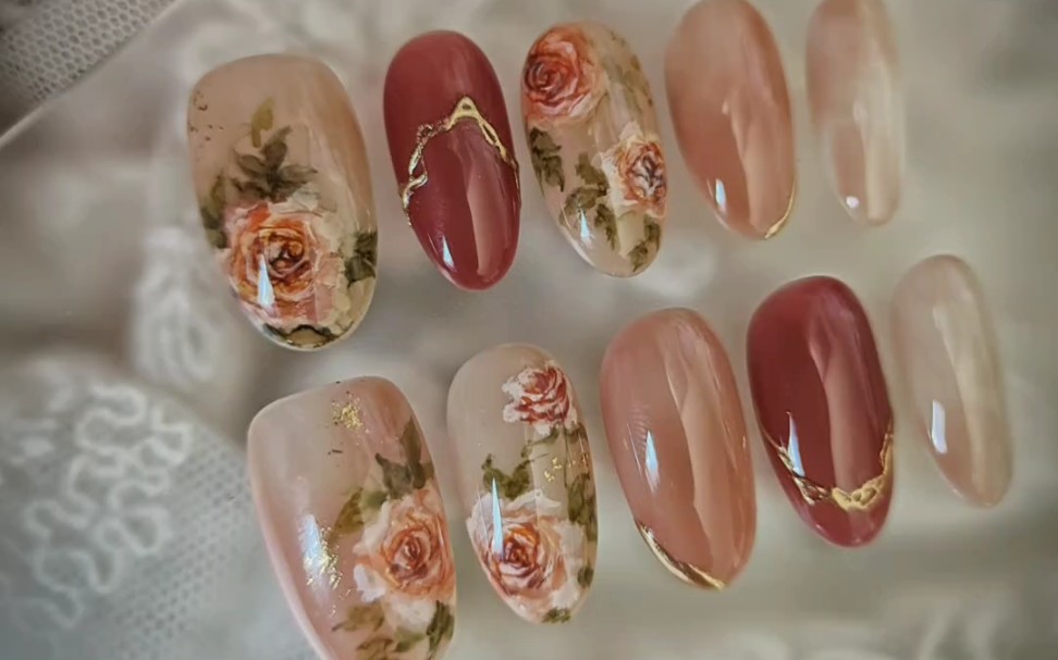 客订穿戴甲分享‖夏季油画风复古玫瑰花美甲