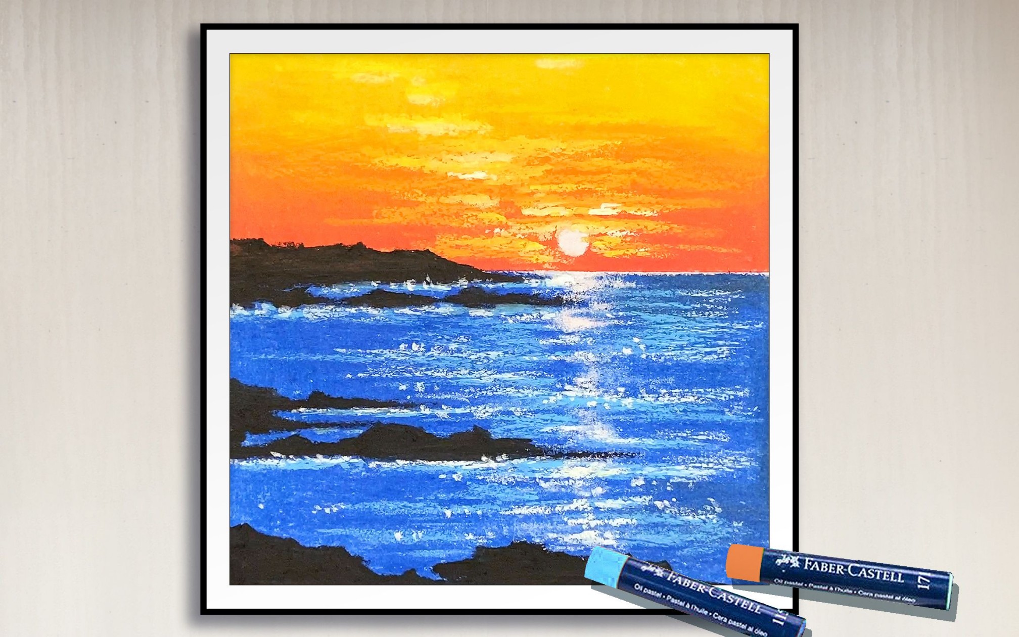 水彩画海上日出图片