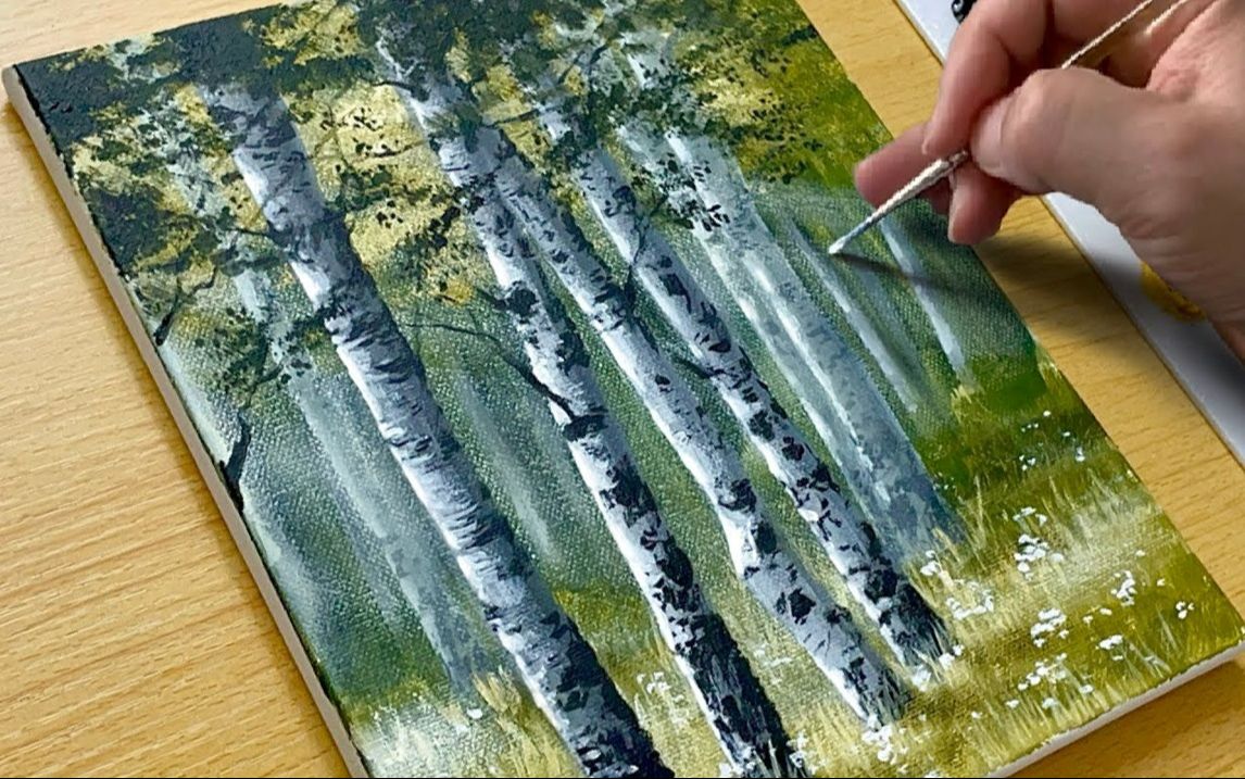 【丙烯画】【绘画教程】【中字】桦树林How to Draw a Morning Forest Acrylic Painting哔哩哔哩bilibili