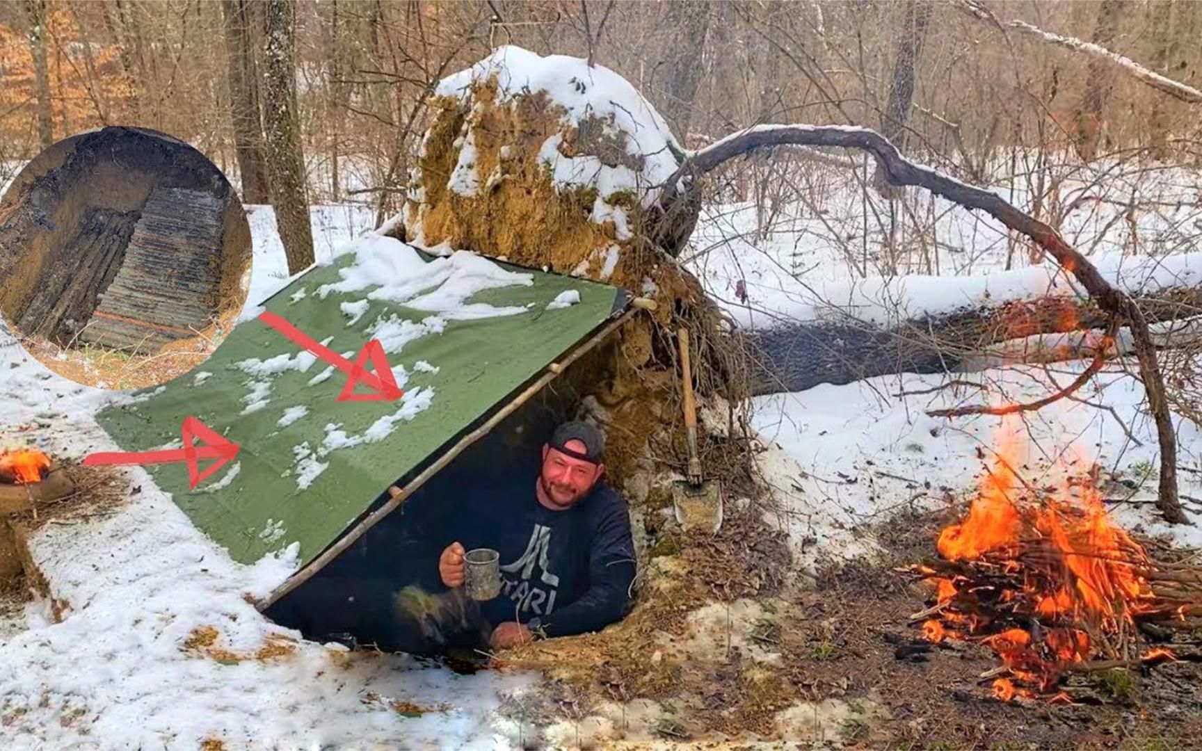 野外生存雪地丛林独自建造一个地下庇护所窝里烤火吃火锅