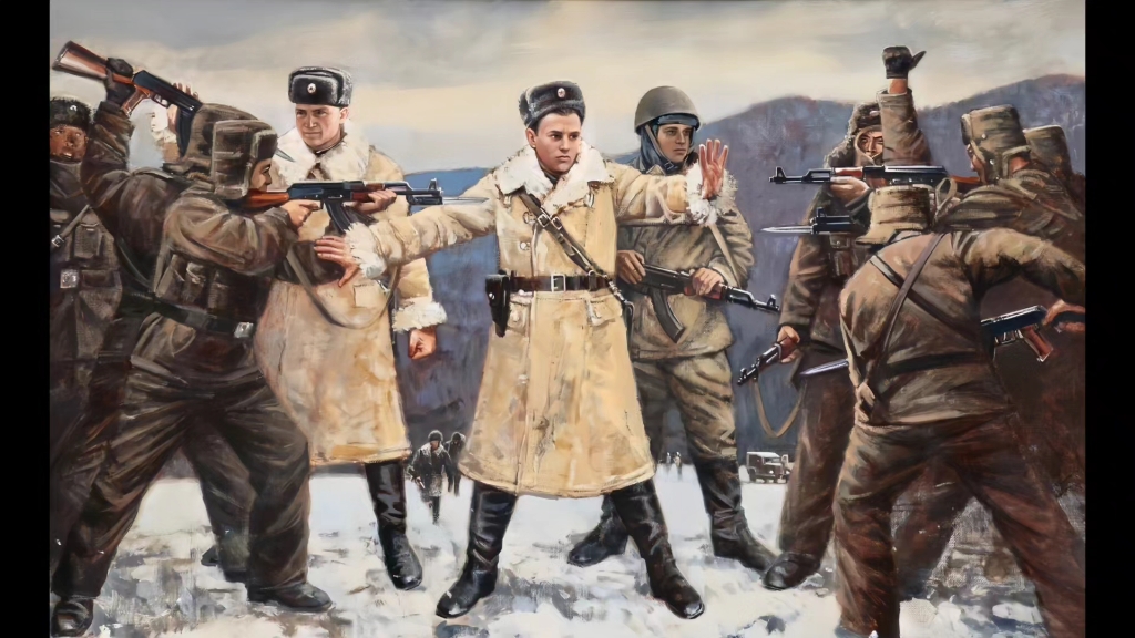 苏联人的宣传油画《珍宝岛》,画面中苏军摆岀一副正气凛然的样子,但再