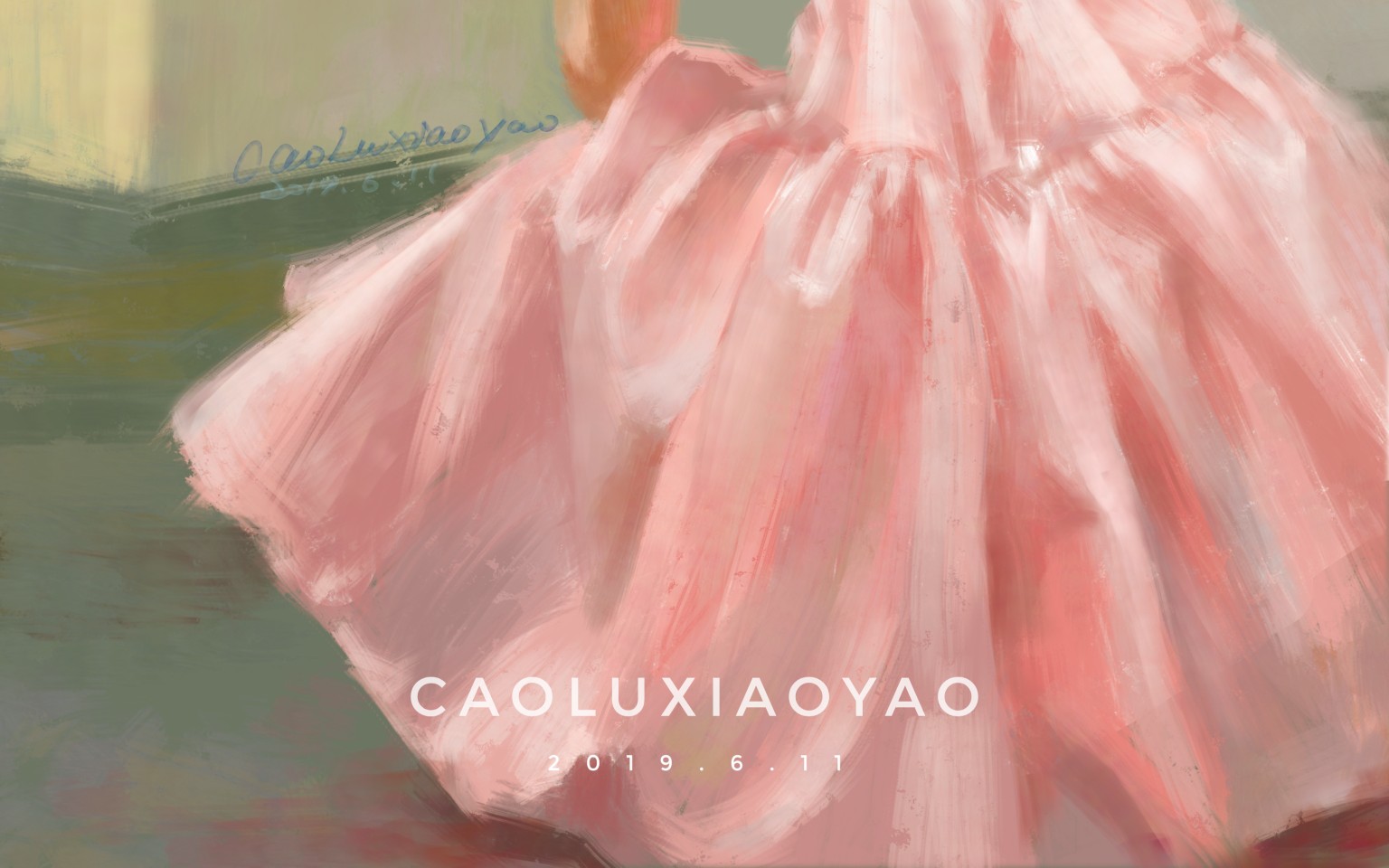 厚涂板绘油画粉裙子外国女生侧面全身像布褶画法