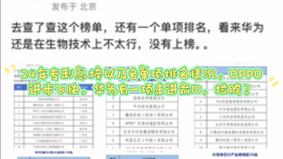 24年专利总榜以及各单项排名情况,OPPO进步飞快,华为有一项未进前10,拉胯?哔哩哔哩bilibili