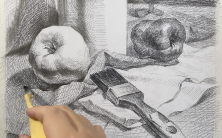 石膏几何体水果组合(揉擦画面)一看就会的素描揉擦方法