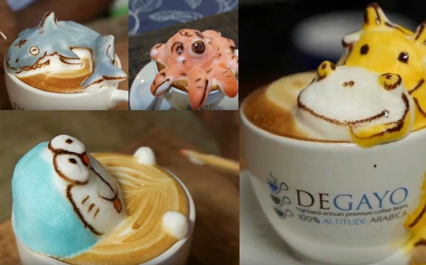 超可爱3d咖啡拉花合集哆啦a梦鲨鱼章鱼长颈鹿谁舍得喝