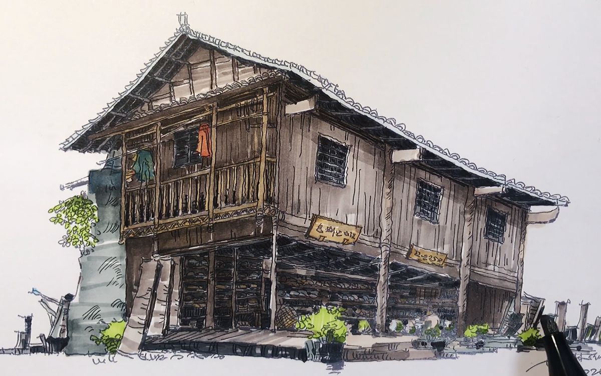 钢笔画手绘农舍速写,记录马克笔上色画法步骤,这样画表现力极强