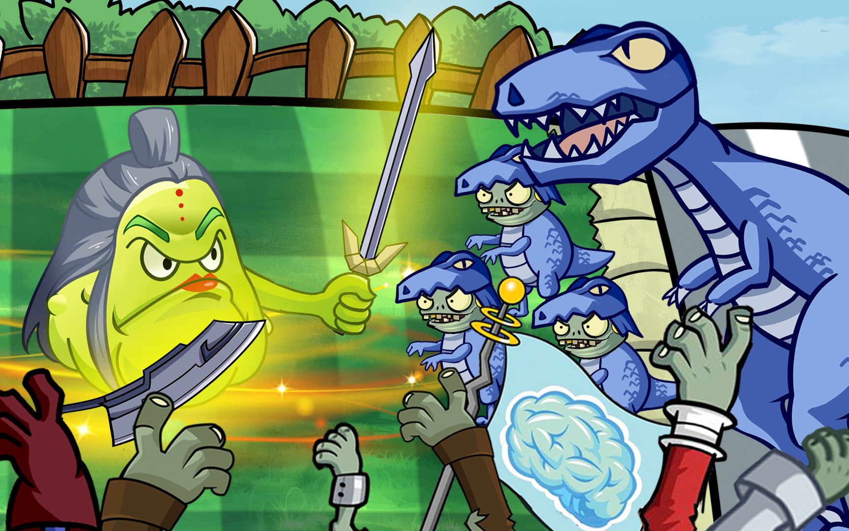 花园乱斗:植物手持屠龙刀和倚天剑,大战恐龙僵尸!