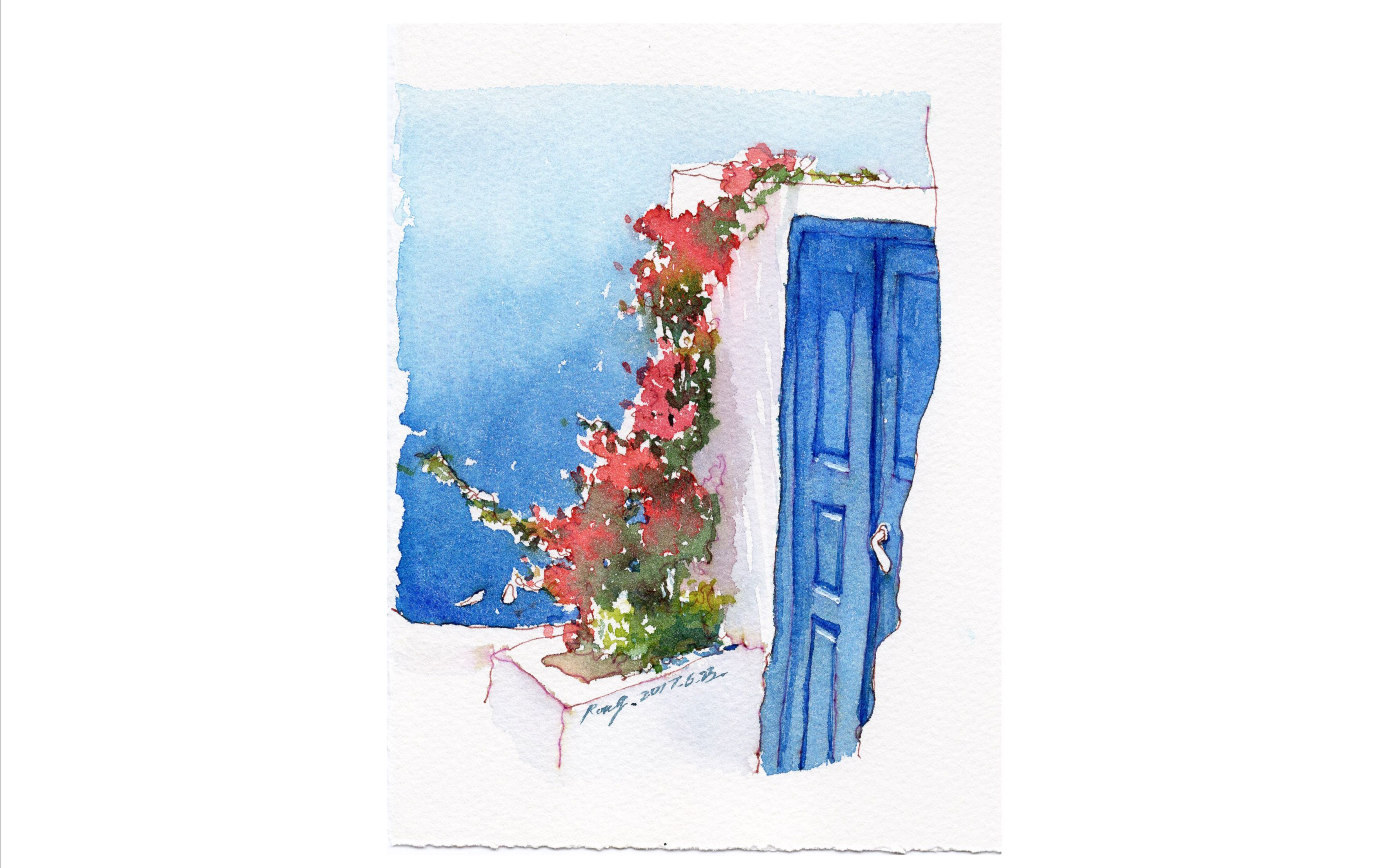 水彩过程水彩速写圣托里尼rong分享绘