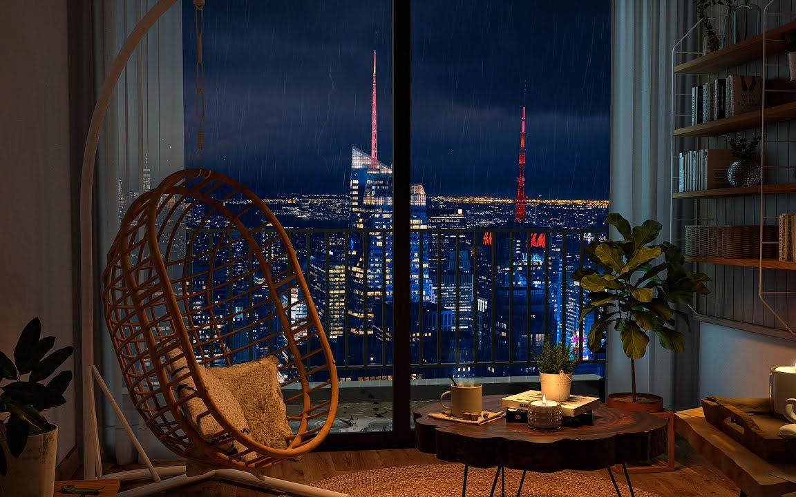 雨夜在舒适的房间中俯瞰都市夜景钢琴爵士乐3h放松与专注