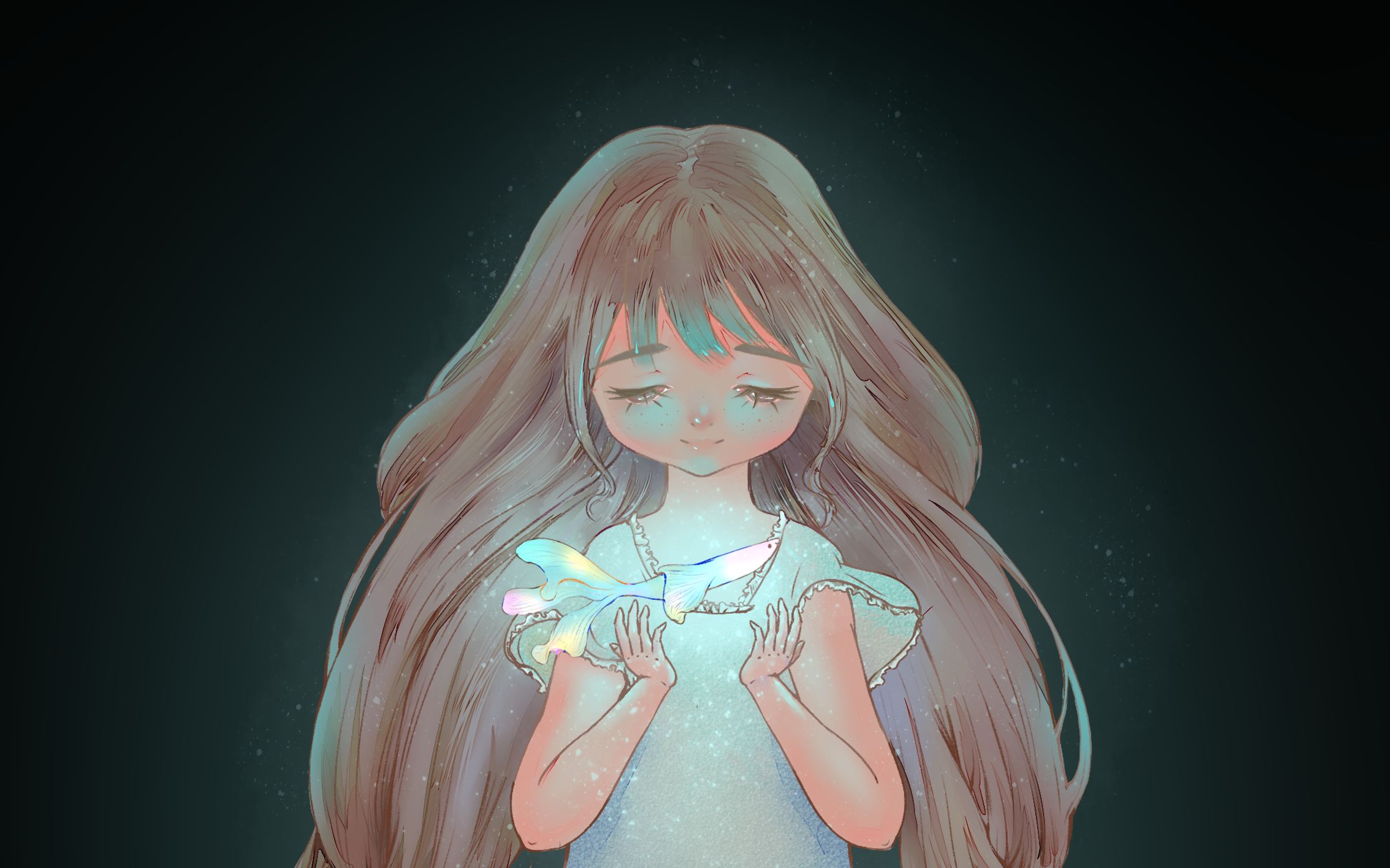 板绘抱鱼的小女孩