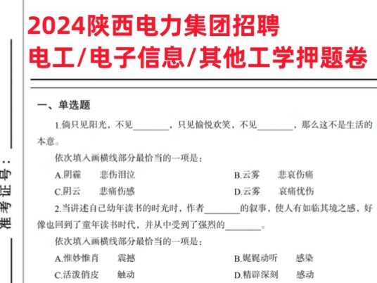 24年陕西电力集团招聘 电工类/电子信息/其他工学密押卷已出 无从下手的看过来! 大秦电能西安亮丽咸阳亨通铜川易源渭南光明宝鸡先行汉中汉源商洛丹源...