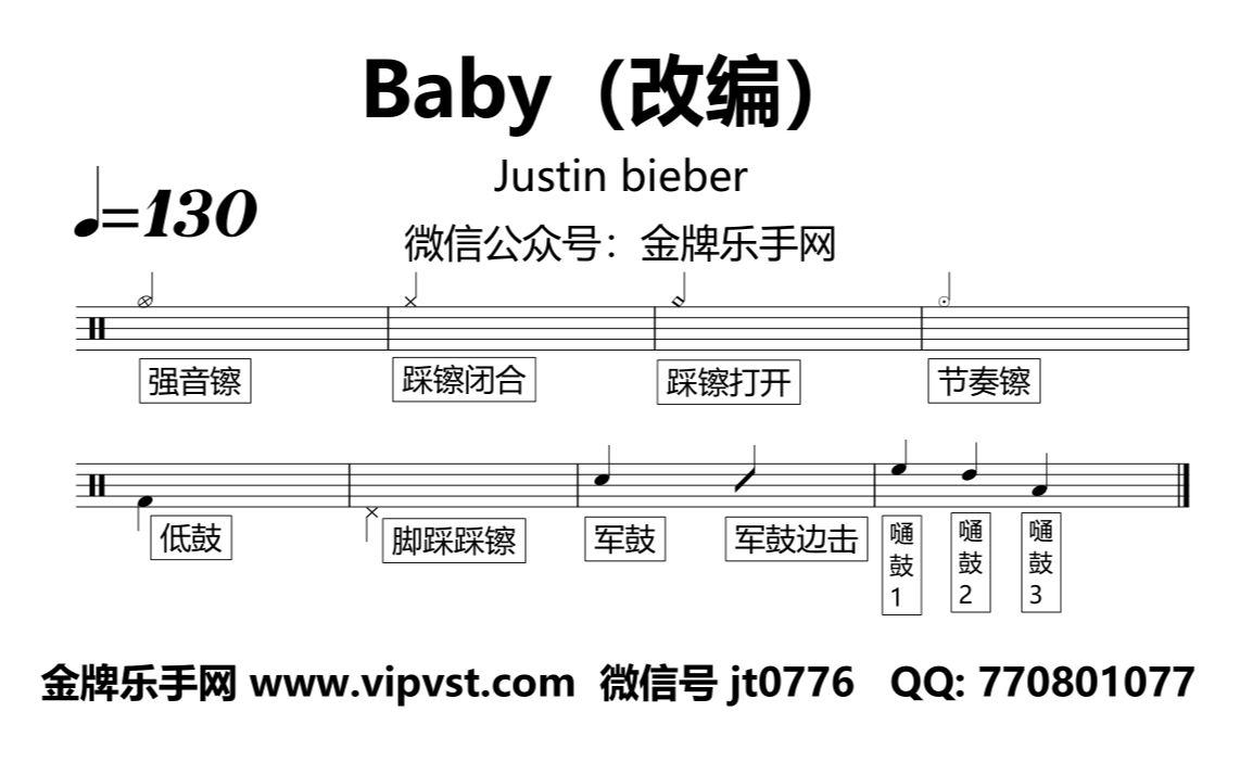 【金牌乐手网】1377.Justin bieber  Baby(改编) 鼓谱 动态鼓谱 无鼓伴奏 drum cover哔哩哔哩bilibili