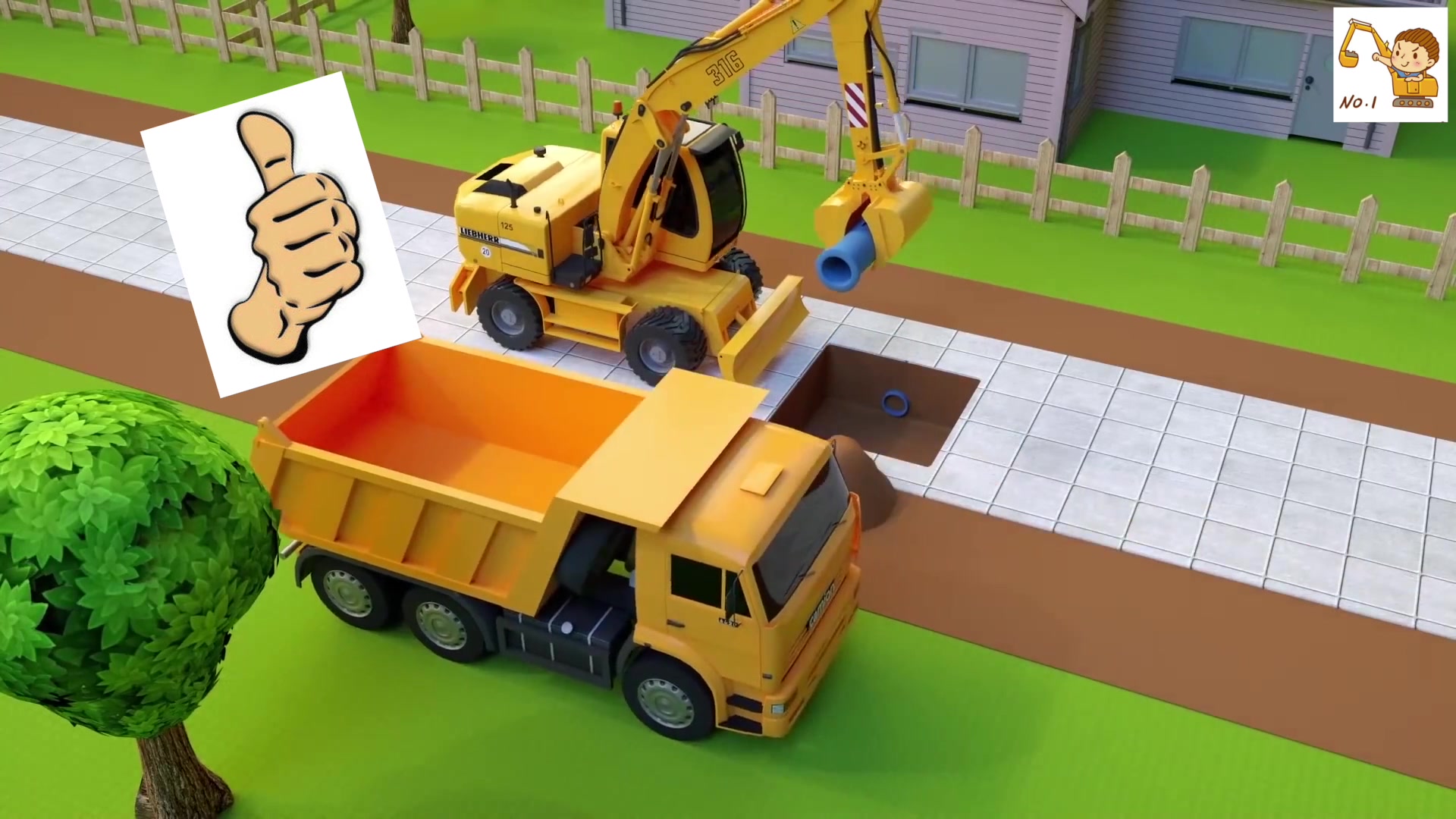 儿童动画片 钻探机,挖掘机和翻斗卡车抢修破碎地下水管