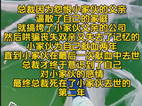 总裁因为怨恨小家伙的父亲就搞垮了小家伙父亲的公司然后哄骗失去记忆的小家伙为自己献血两年直到小家伙在最后一次献血中去世总裁才终于意识到了自己...