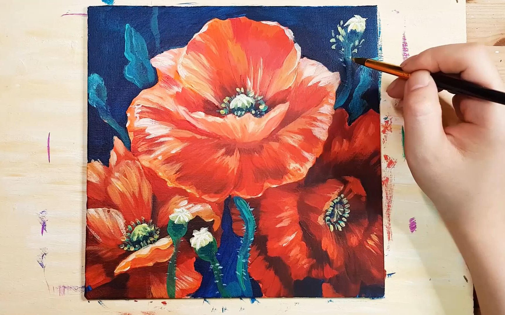 【丙烯画】【绘画教程】红色的虞美人-painting red poppy flowers