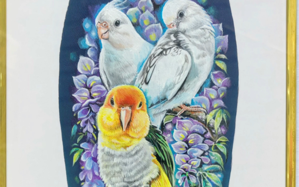 羽毛画客订单展示,手绘玄凤鹦鹉与金头凯克鹦鹉.