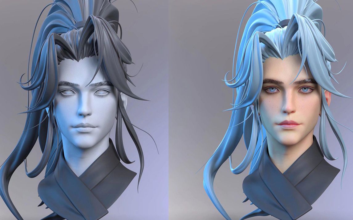 【3d角色建模】仙侠风美男子zbrush角色建模,五官,头发真实皮肤纹理