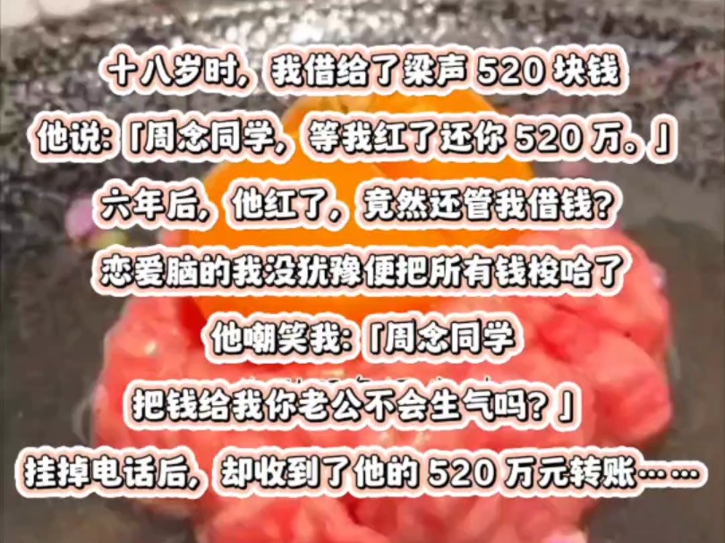 十八岁时,我借给了梁声 520 块钱,他说:「周念同学,等我红了还你 520 万.」六年后,他红了,竟然还管我借钱?恋爱脑的我没犹豫便把所有钱梭哈了...