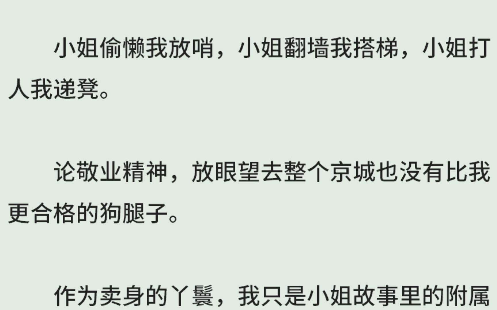 《大丫鬟》(全)小姐偷懒我放哨,小姐翻墙我搭梯,小姐打人我递凳.论敬业精神,放眼望去整个京城也没有比我更合格的狗腿子.作为卖身的丫鬟,我只...