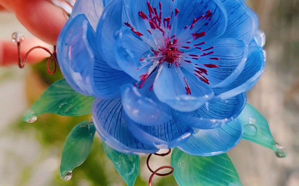 手作蓝色茶花簪