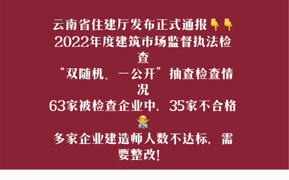 [图]2022年度建筑市场监督执法检查“双随机、一公开”抽查检查情况63家被检查企业中，35家不合格🙅多家企业建造师人数不达标，需要整改！