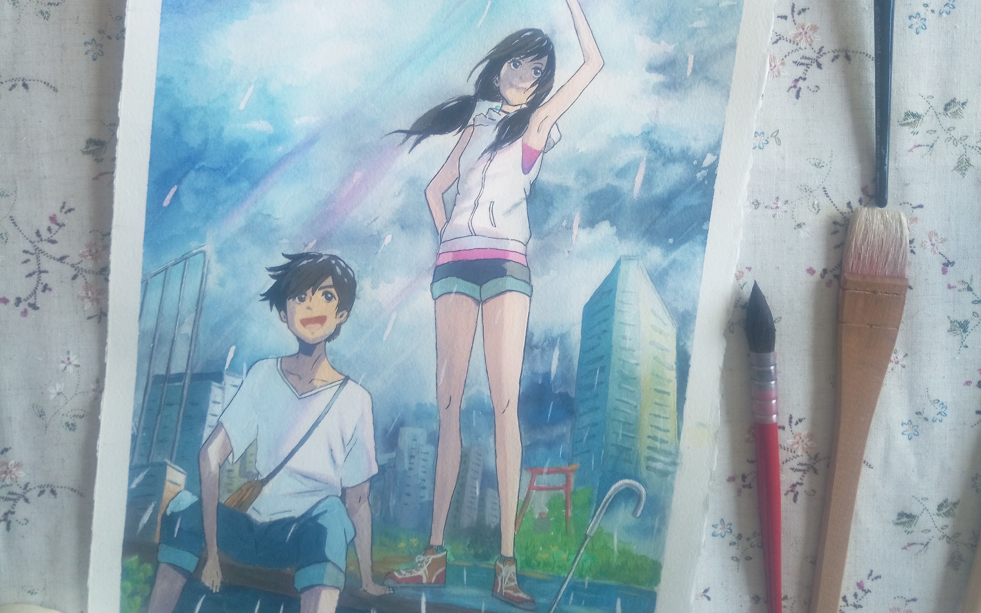 用纯水彩画天气之子