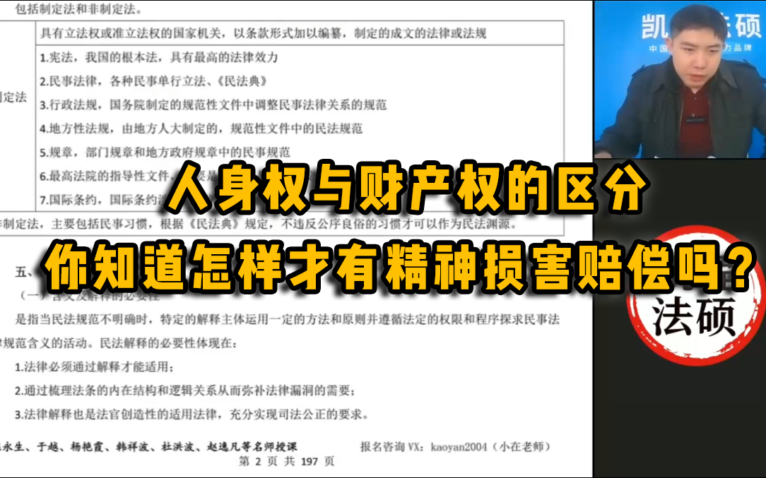 法硕韩祥波老师讲民法:人身权与财产权的区分,你知道怎样才有精神损害赔偿吗?哔哩哔哩bilibili