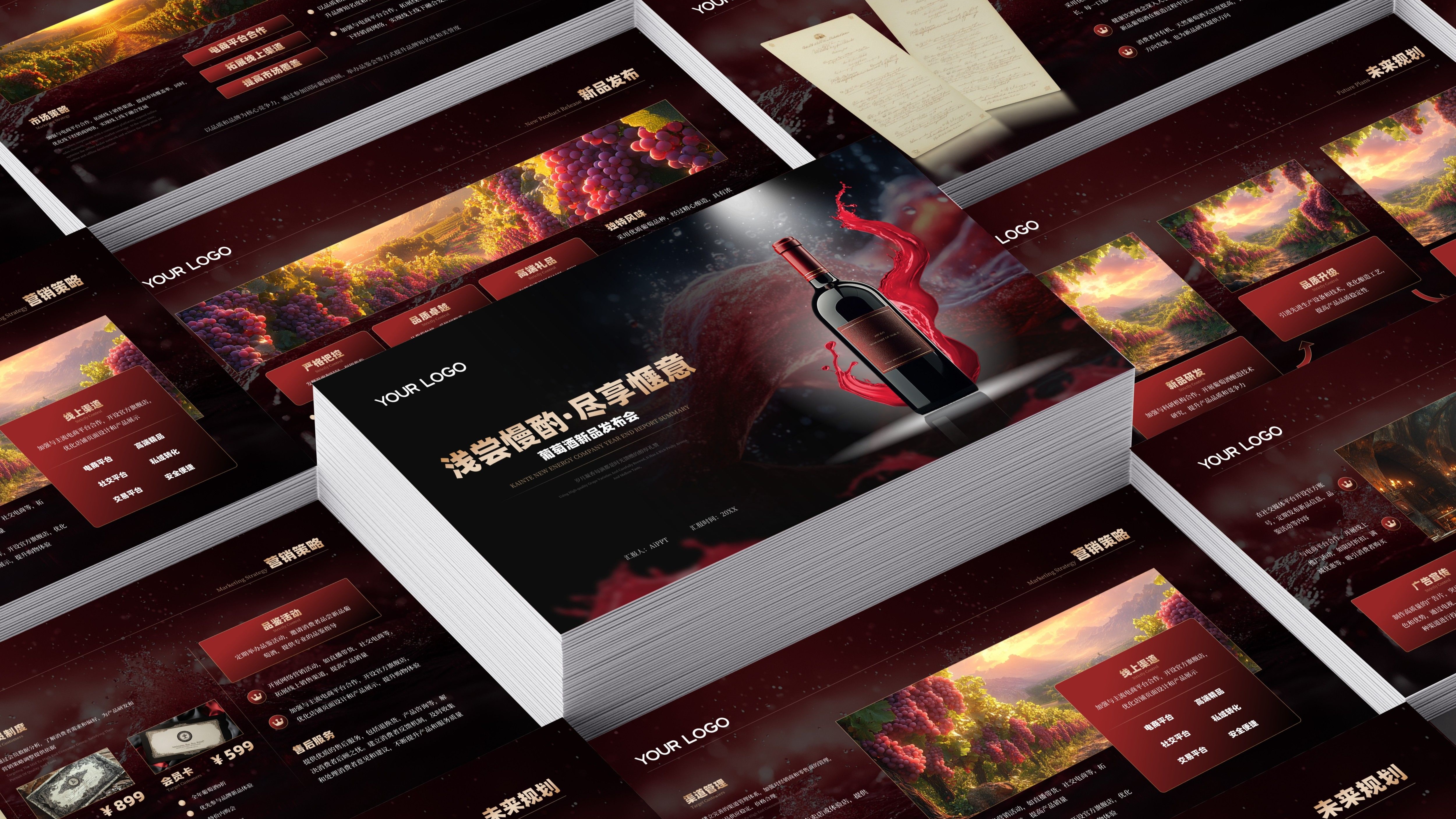 红金色葡萄酒红酒商务风ppt模板