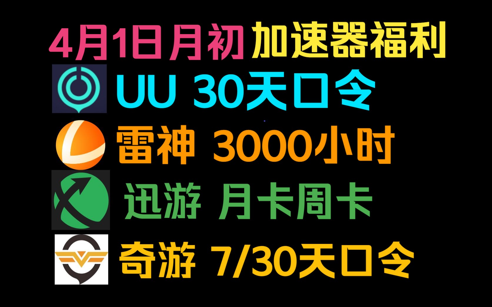 UU加速器4月1日免费白嫖30天,雷神3000小时!各大品牌加速人人有份!游戏杂谈