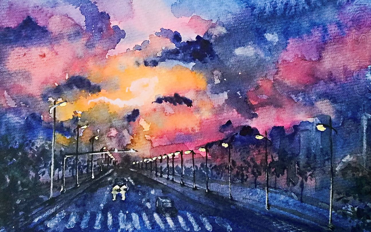 【水彩】黄昏时分的粉色天空-伦勃朗48色水彩晕染过程