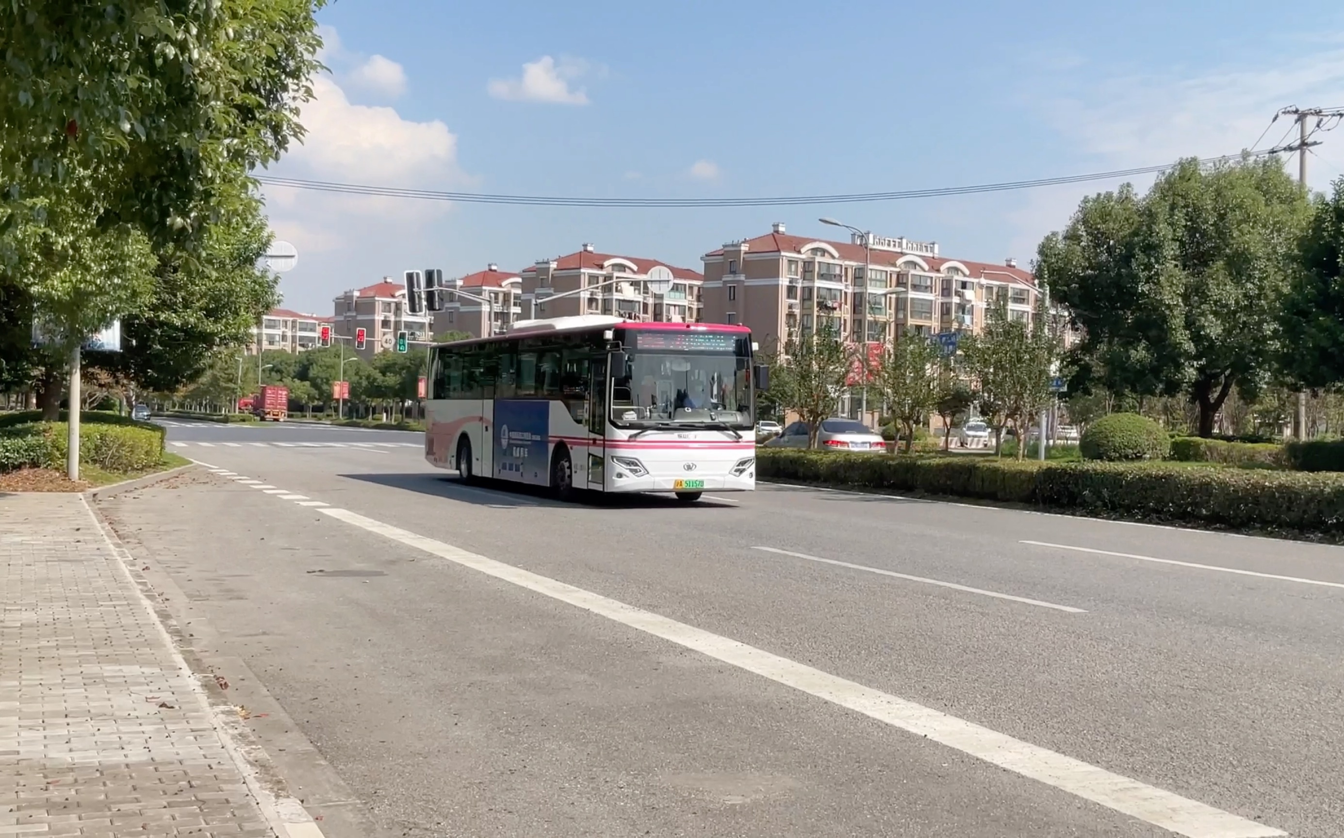 贴着进博会保障车的莲枫专线从枫泾枢纽站驶出