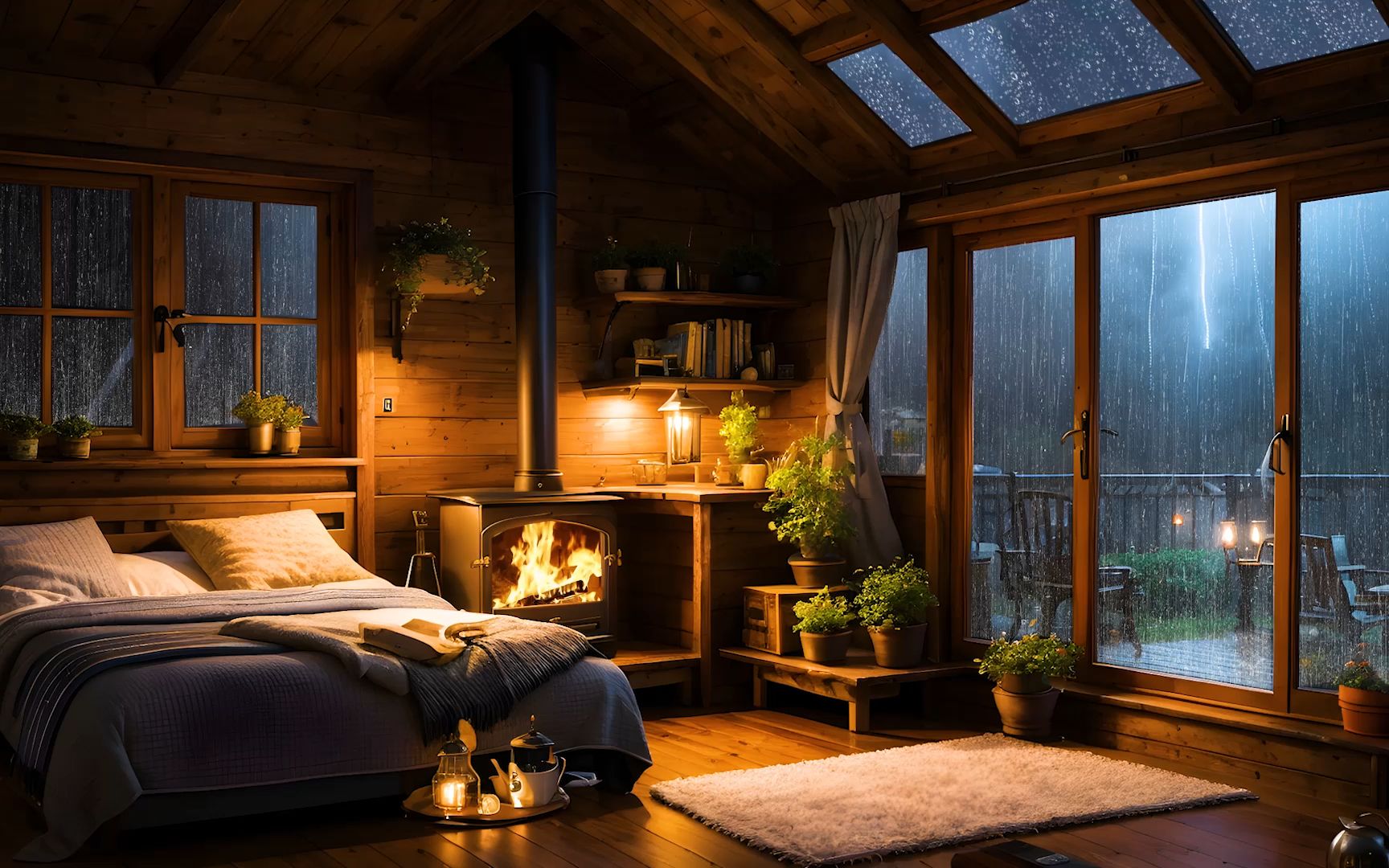 雨天在舒适的木屋里听雨入睡98丨雨滴落在窗台上,伴随温暖的壁炉