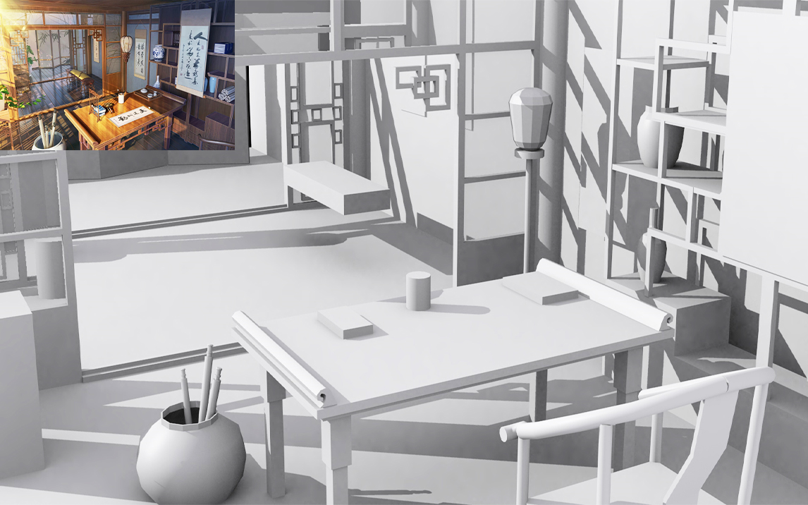 【3dmax室内建模】古风中式书房模型制作,场景建模案例讲解