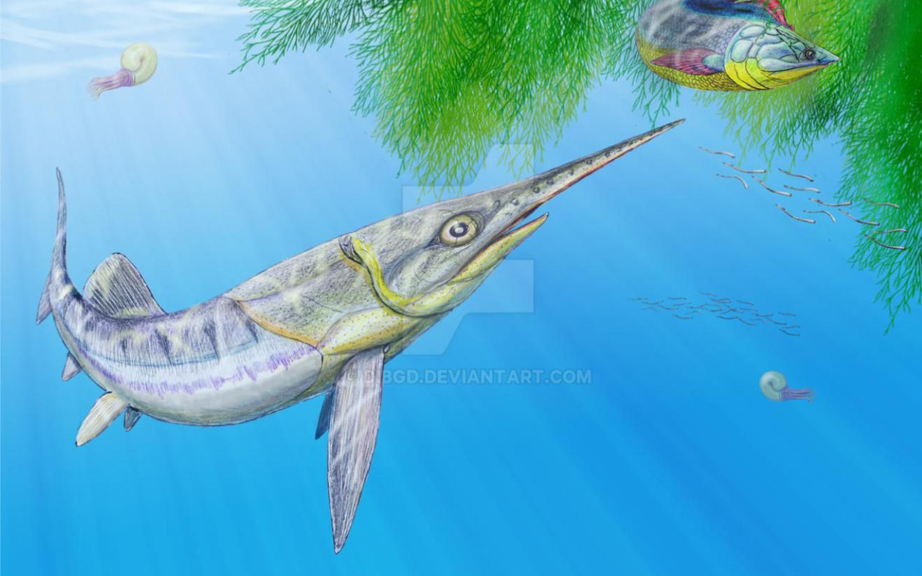 地理卡洛鱼carolowilhelmina geognostica—泥盆纪的剑鱼