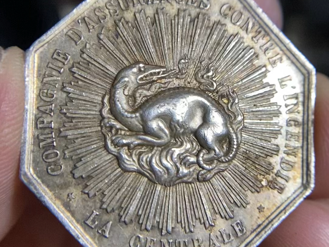 法国八角银章 动物系列 法国火灾保险 通体闪耀光芒的小火龙