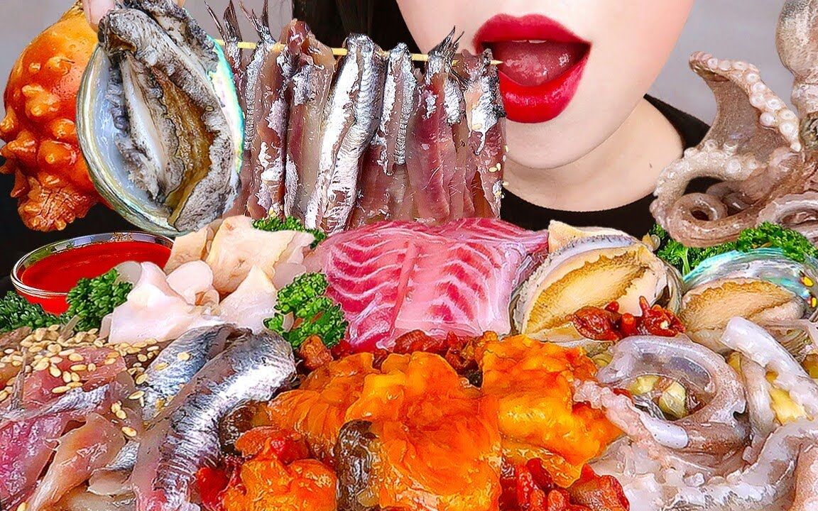 hongyu吃播 美味生海鲜 章鱼 鲍鱼 三文鱼 真实声音