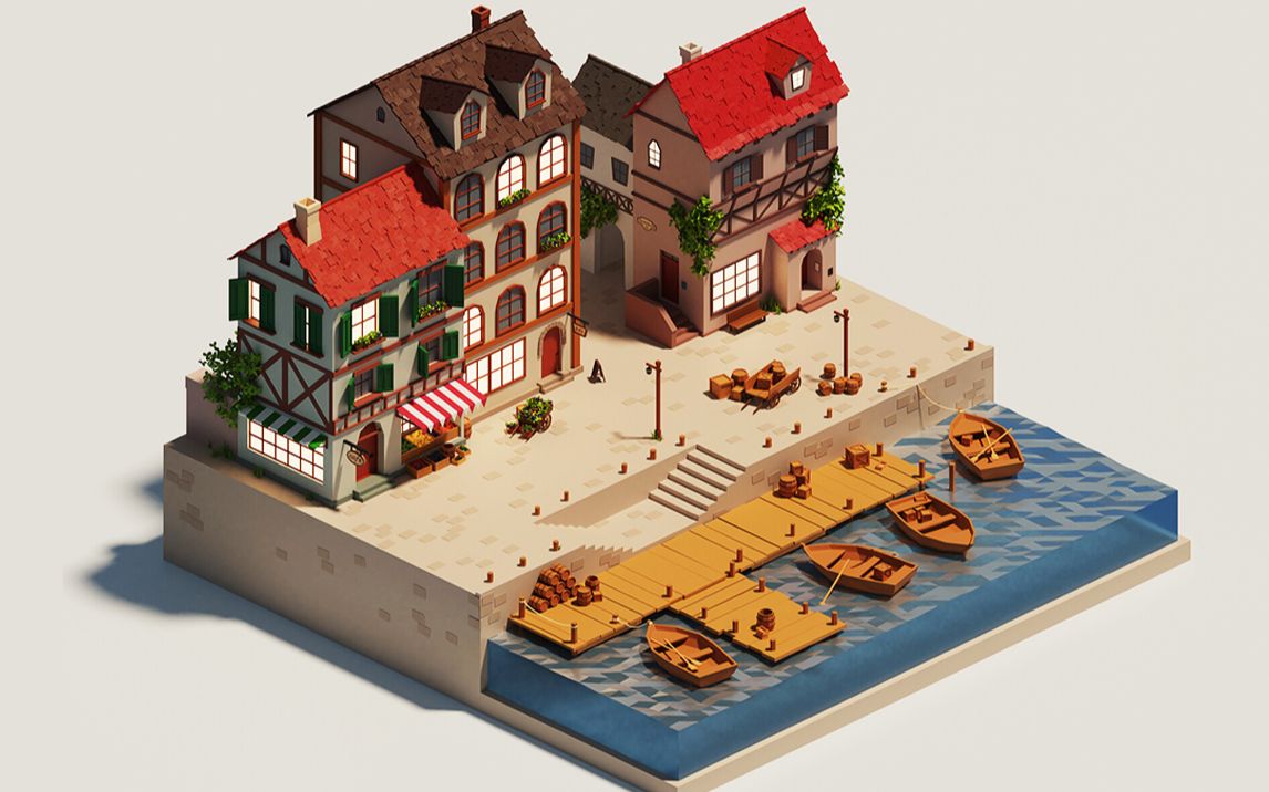 【3dmax建模】简单小场景卡通房子建模教程,海景房建筑模型详细布线