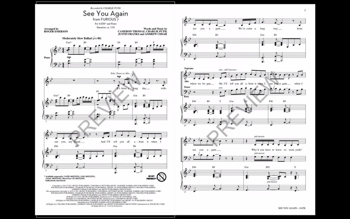 [图]选自《速度与激情》主题曲《See You Again》“再见” 混声合唱SATB by Roger Emerson